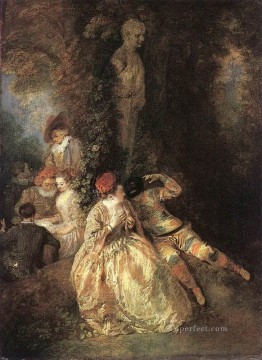 古典的 Painting - ハーレクインとコロンビーヌ ジャン・アントワーヌ・ワトーの古典的なロココ